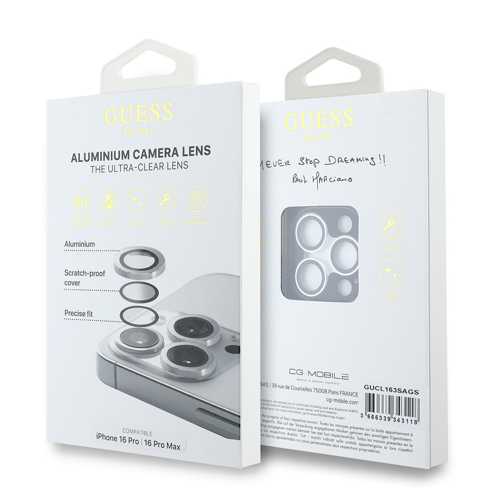 Apple iPhone 16 Pro Max Guess Original Licensed Metal Camera Lens Protector Silver