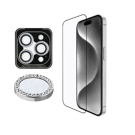 Apple iPhone 16 Pro Max Guess Original Licensed Rhinestone Screen Protector + Lens Protector 2-in-1 Accessory Set Silver