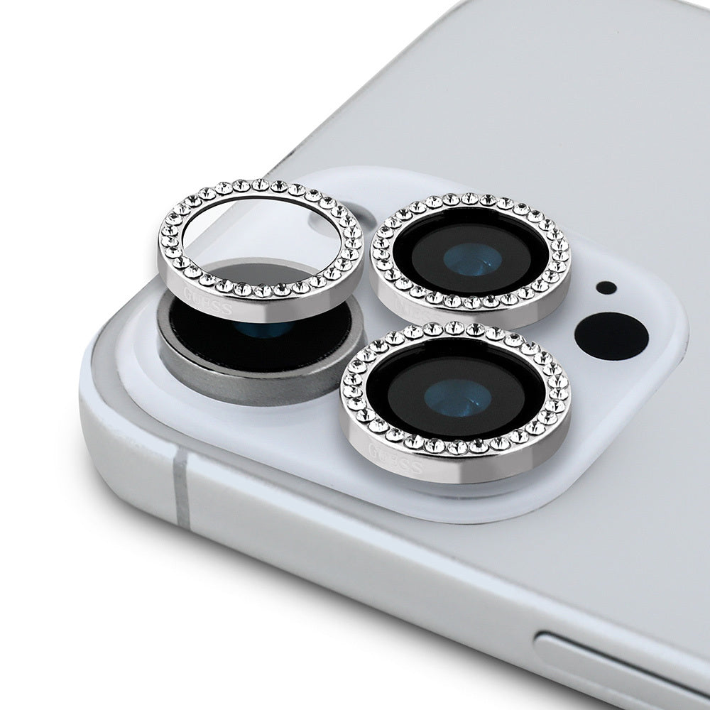 Apple iPhone 16 Pro Max Guess Orjinal Lisanslı Rhinestone Ekran Koruyucu + Lens Koruyucu 2in1 Aksesuar Seti Gümüş