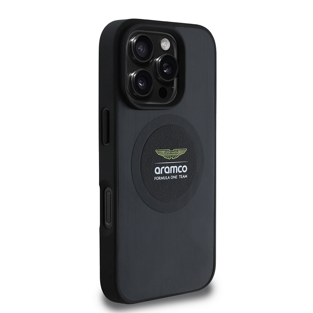 Apple iPhone 16 Pro Max Case Aston Martin Original Licensed M-Safe Charging Feature Aluminum Back Surface Formula One Team Printed Cover Black