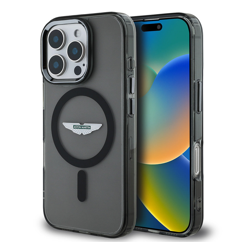 Apple iPhone 16 Pro Max Case Aston Martin Original Licensed M-Safe Charging Feature IML Print Logo Frosted Cover Black