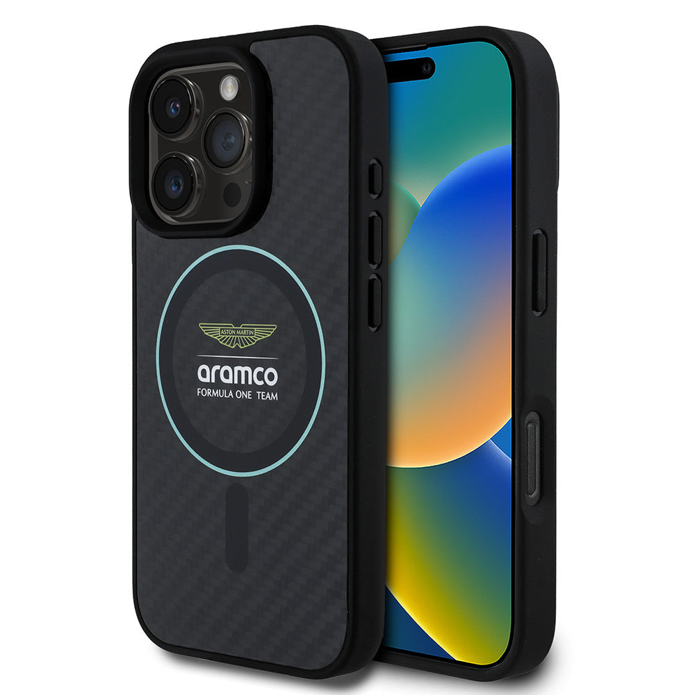Apple iPhone 16 Pro Max Case Aston Martin Original Licensed M-Safe Charging Feature Colorful Ring and Carbon Fiber Design Cover Black-Green