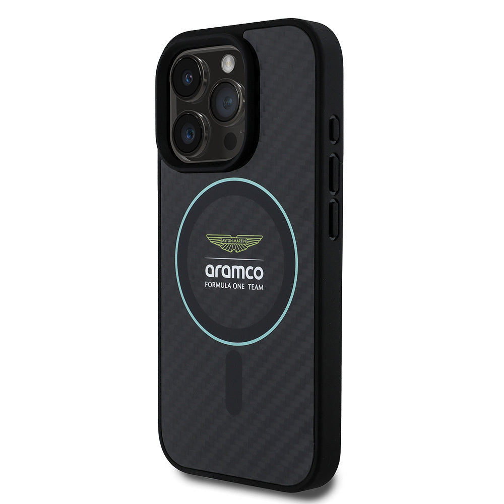 Apple iPhone 16 Pro Max Case Aston Martin Original Licensed M-Safe Charging Feature Colorful Ring and Carbon Fiber Design Cover Black-Green