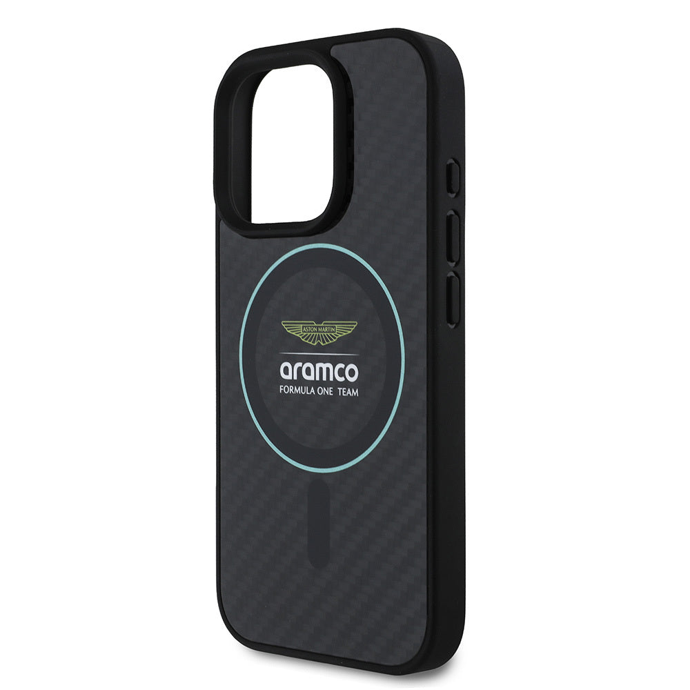 Apple iPhone 16 Pro Max Case Aston Martin Original Licensed M-Safe Charging Feature Colorful Ring and Carbon Fiber Design Cover Black-Green