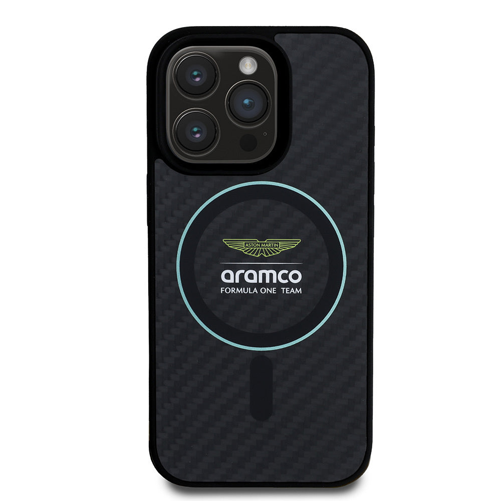 Apple iPhone 16 Pro Max Case Aston Martin Original Licensed M-Safe Charging Feature Colorful Ring and Carbon Fiber Design Cover Black-Green
