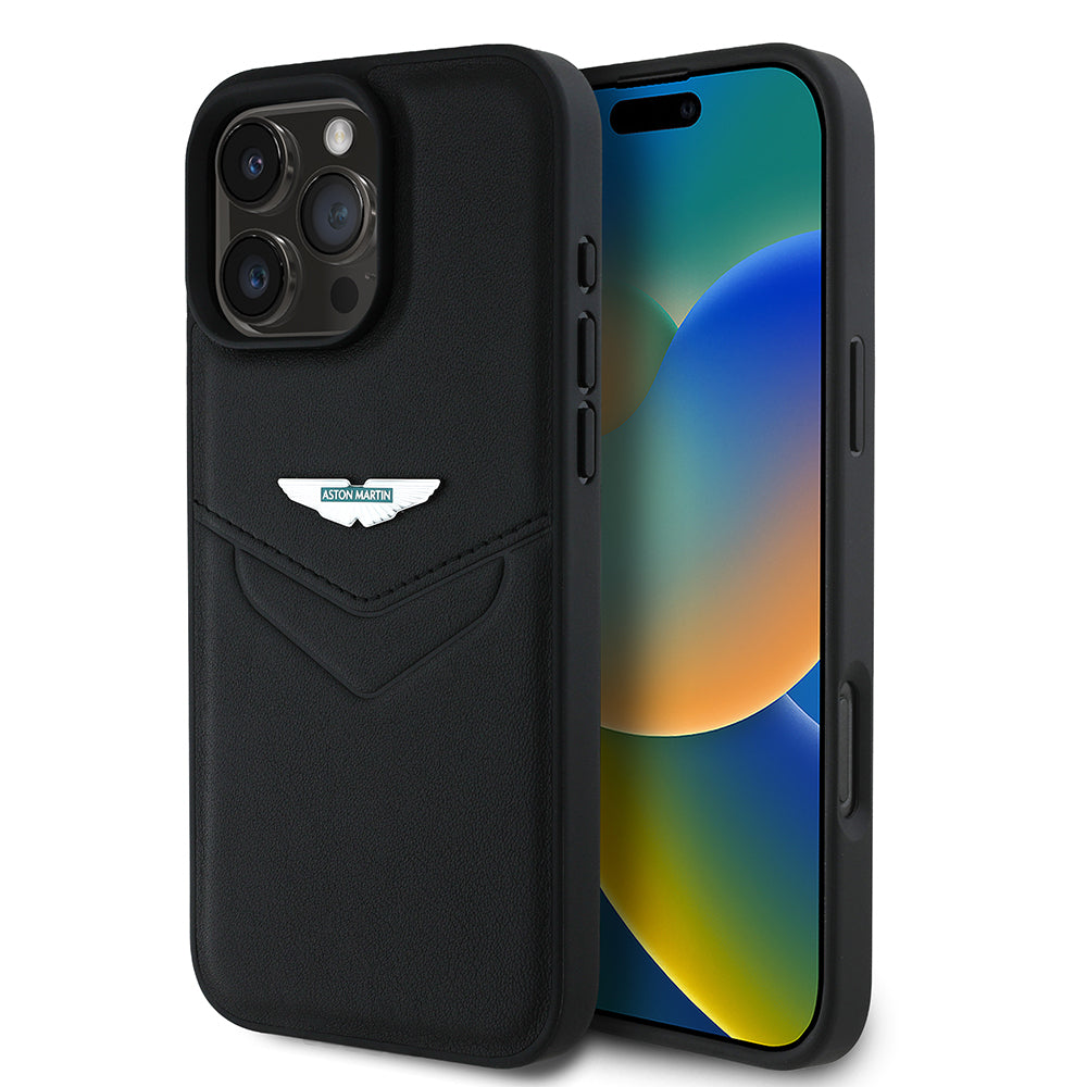 Apple iPhone 16 Pro Max Case Aston Martin Original Licensed Victory Design PU Leather Metal Logo Cover Black