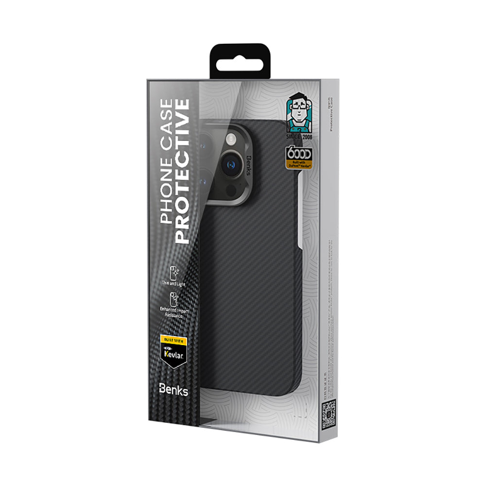 Apple iPhone 16 Pro Max Kılıf Benks M-safe Şarj Özellikli Metal Kamera Çerçeveli Magnetik ArmorAir 600D Kevlar Fiber Kapak Siyah