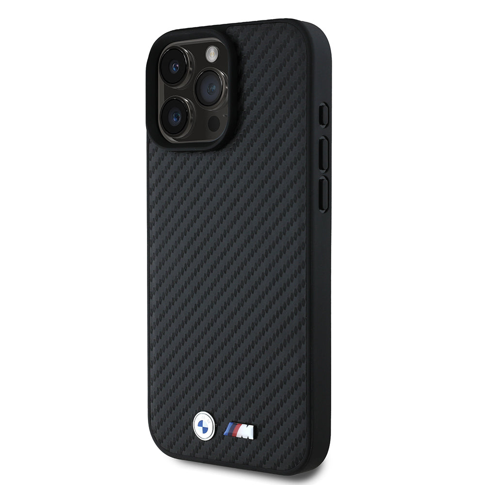 Apple iPhone 16 Pro Max Kılıf BMW Orjinal Lisanslı Karbon Fiber Tasarımlı ve Metal Logolu PU Deri Kapak Siyah