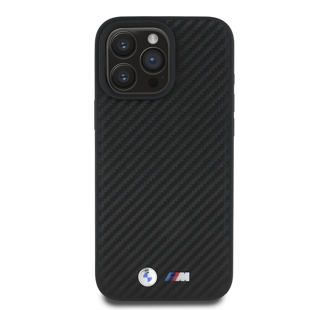 Apple iPhone 16 Pro Max Kılıf BMW Orjinal Lisanslı Karbon Fiber Tasarımlı ve Metal Logolu PU Deri Kapak Siyah