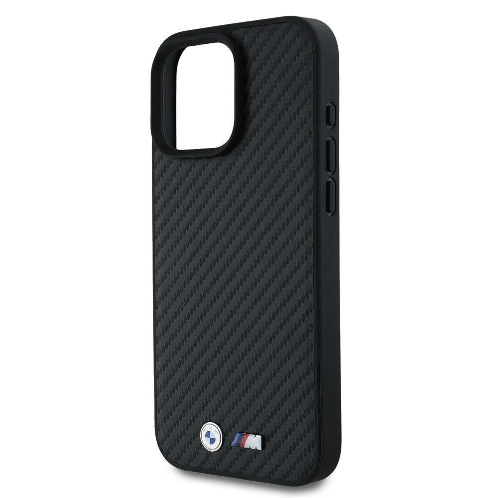 Apple iPhone 16 Pro Max Kılıf BMW Orjinal Lisanslı Karbon Fiber Tasarımlı ve Metal Logolu PU Deri Kapak Siyah
