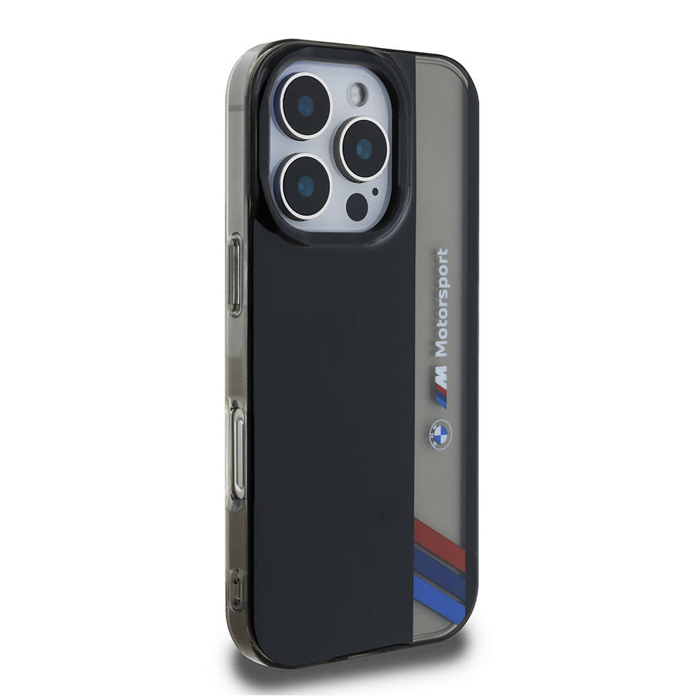 Apple iPhone 16 Pro Max Case BMW Original Licensed M Logo Three Color Striped Motorsport Vertical Stripe Cover Black