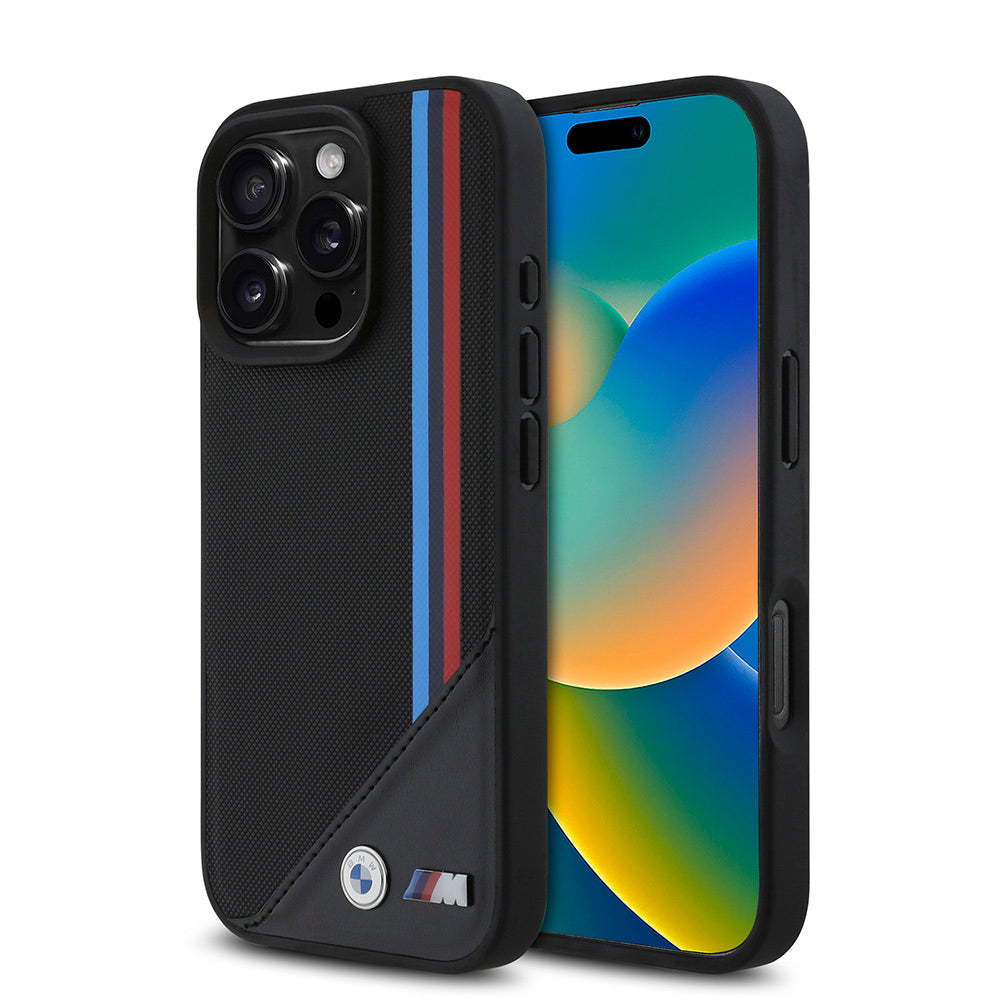 Apple iPhone 16 Pro Max Case BMW Original Licensed M-Safe Charging Feature M Logo Three Striped Stitch Detail Meshed Tricolor Stripes Cover Black