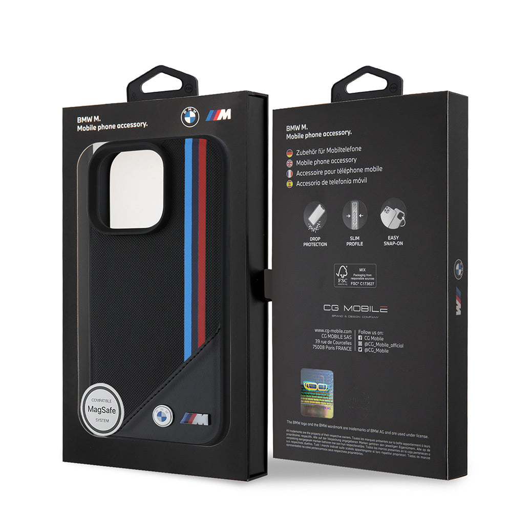 Apple iPhone 16 Pro Max Case BMW Original Licensed M-Safe Charging Feature M Logo Three Striped Stitch Detail Meshed Tricolor Stripes Cover Black