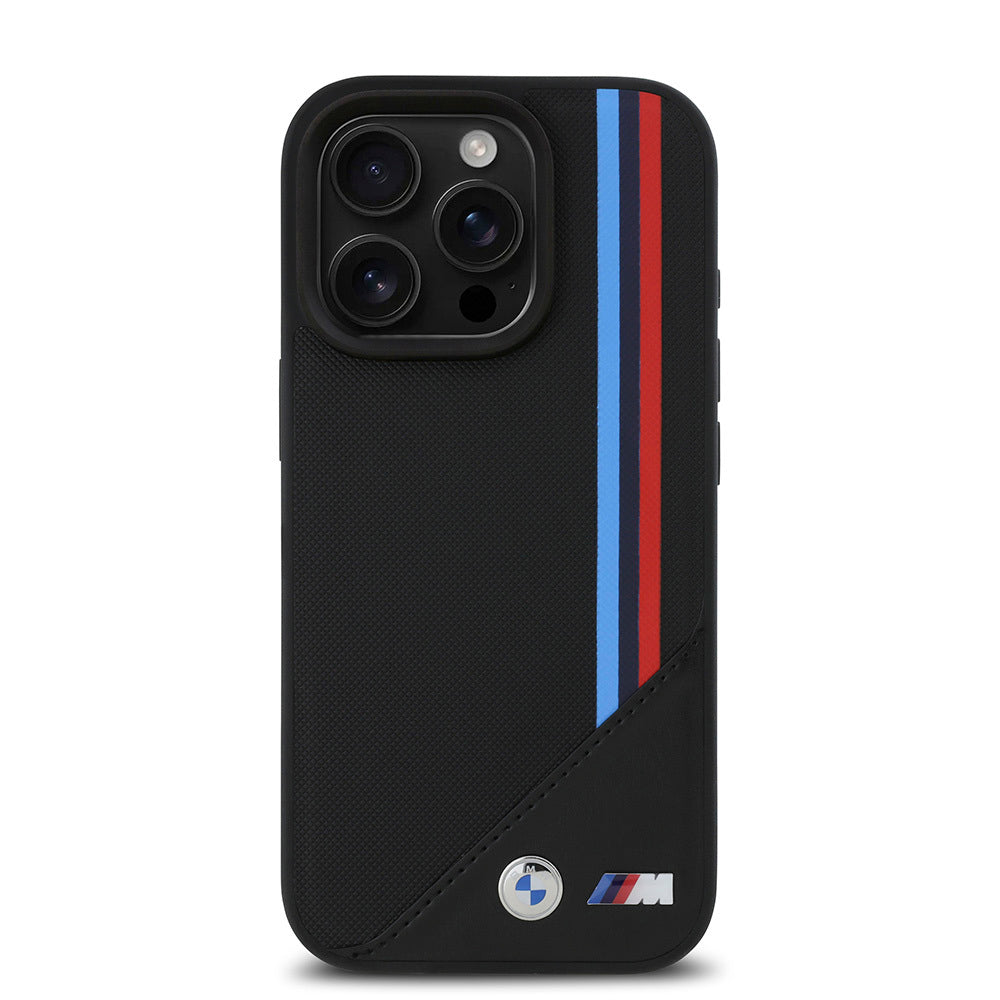 Apple iPhone 16 Pro Max Case BMW Original Licensed M-Safe Charging Feature M Logo Three Striped Stitch Detail Meshed Tricolor Stripes Cover Black
