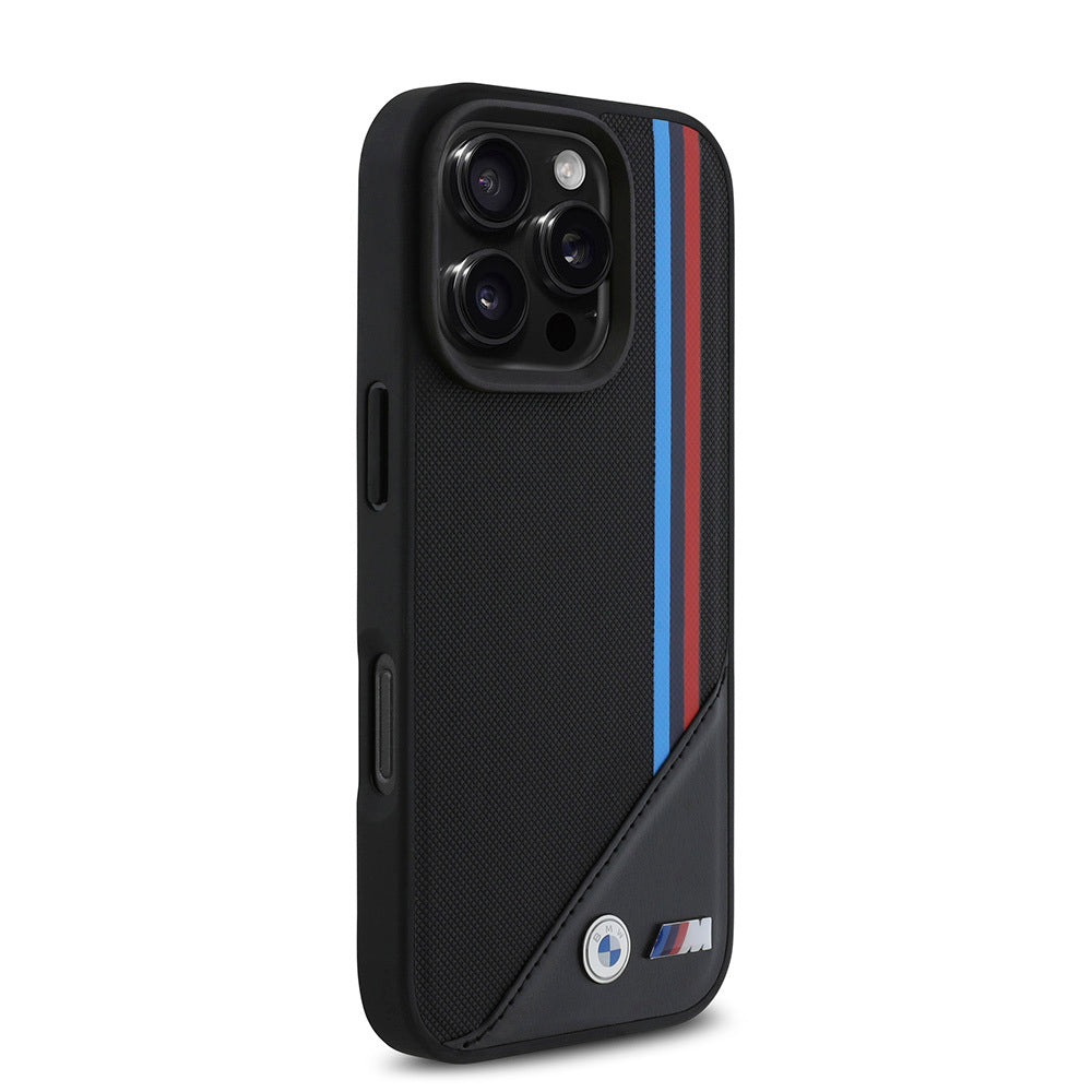 Apple iPhone 16 Pro Max Case BMW Original Licensed M-Safe Charging Feature M Logo Three Striped Stitch Detail Meshed Tricolor Stripes Cover Black