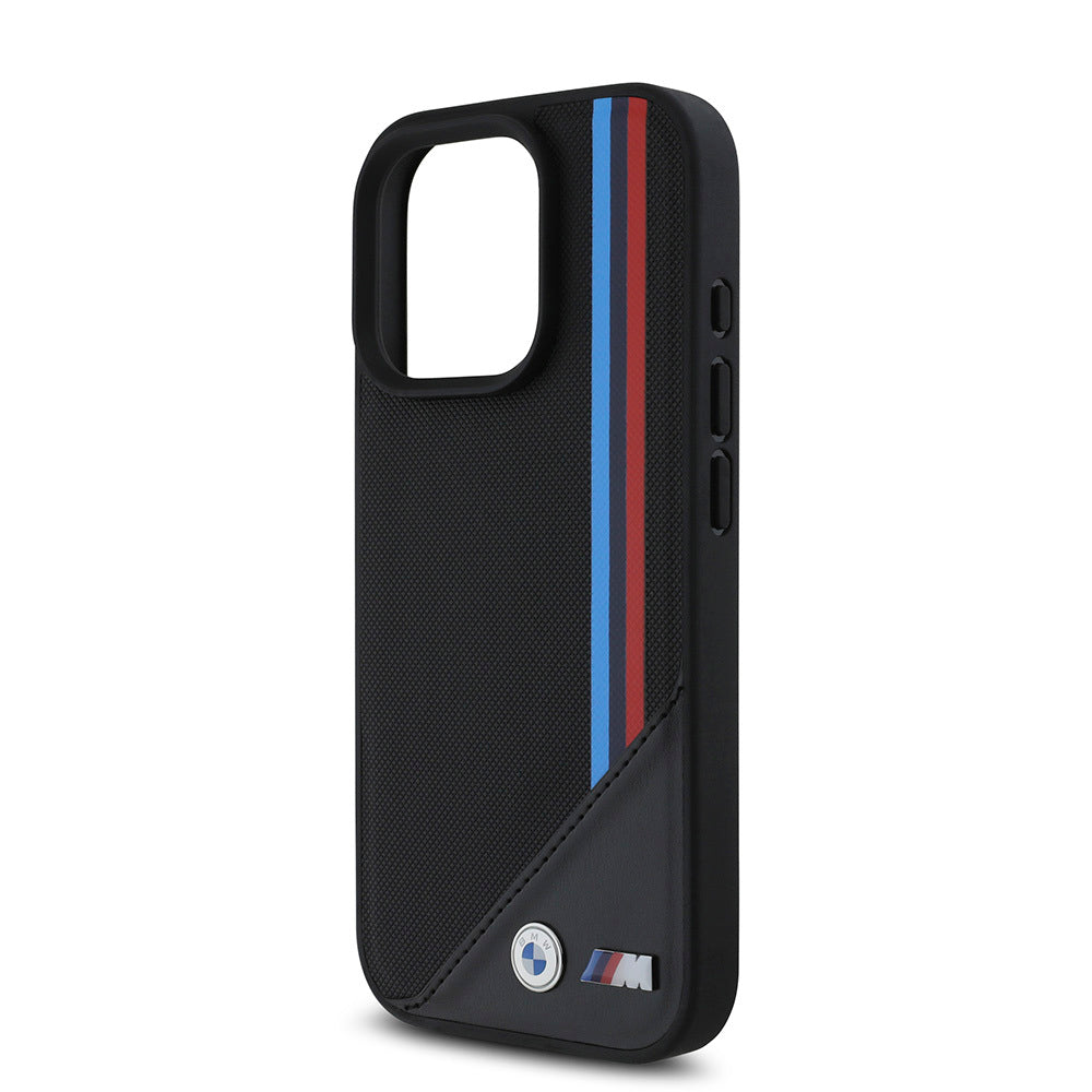 Apple iPhone 16 Pro Max Case BMW Original Licensed M-Safe Charging Feature M Logo Three Striped Stitch Detail Meshed Tricolor Stripes Cover Black