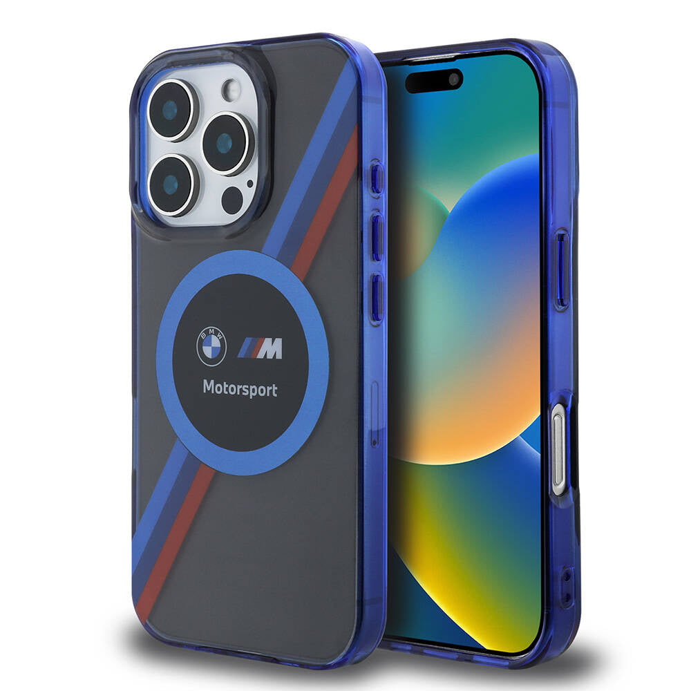 Apple iPhone 16 Pro Max Case BMW Original Licensed M-Safe Charging Feature M Logo Three Color Striped Motorsport Circle Cover Navy Blue