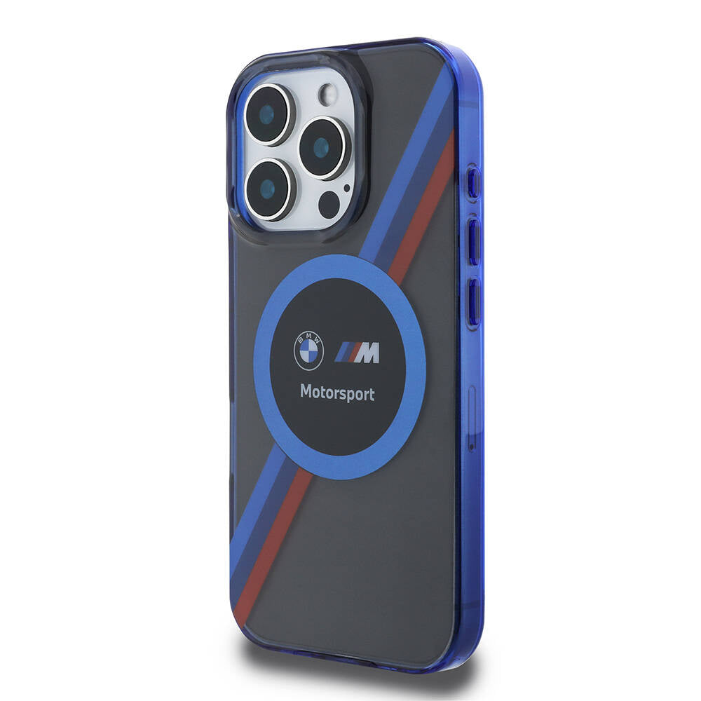Apple iPhone 16 Pro Max Case BMW Original Licensed M-Safe Charging Feature M Logo Three Color Striped Motorsport Circle Cover Navy Blue
