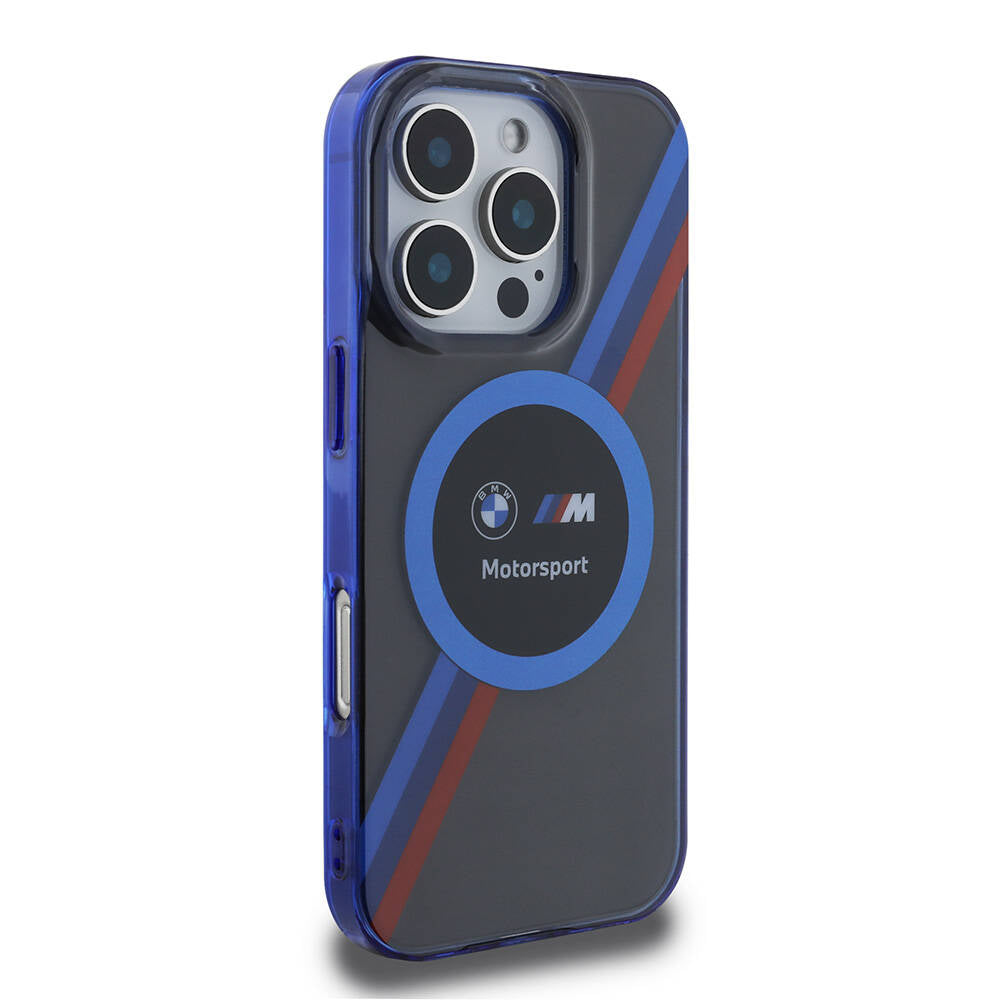 Apple iPhone 16 Pro Max Case BMW Original Licensed M-Safe Charging Feature M Logo Three Color Striped Motorsport Circle Cover Navy Blue