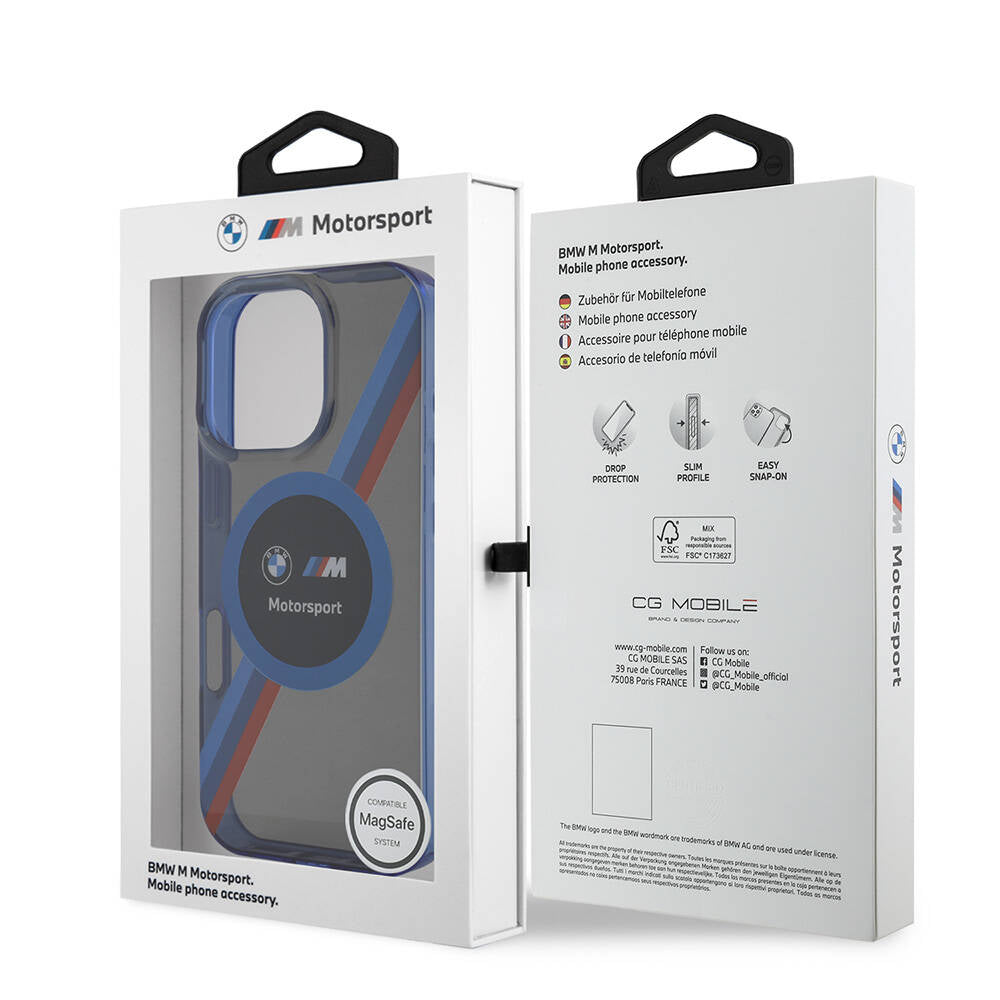 Apple iPhone 16 Pro Max Case BMW Original Licensed M-Safe Charging Feature M Logo Three Color Striped Motorsport Circle Cover Navy Blue