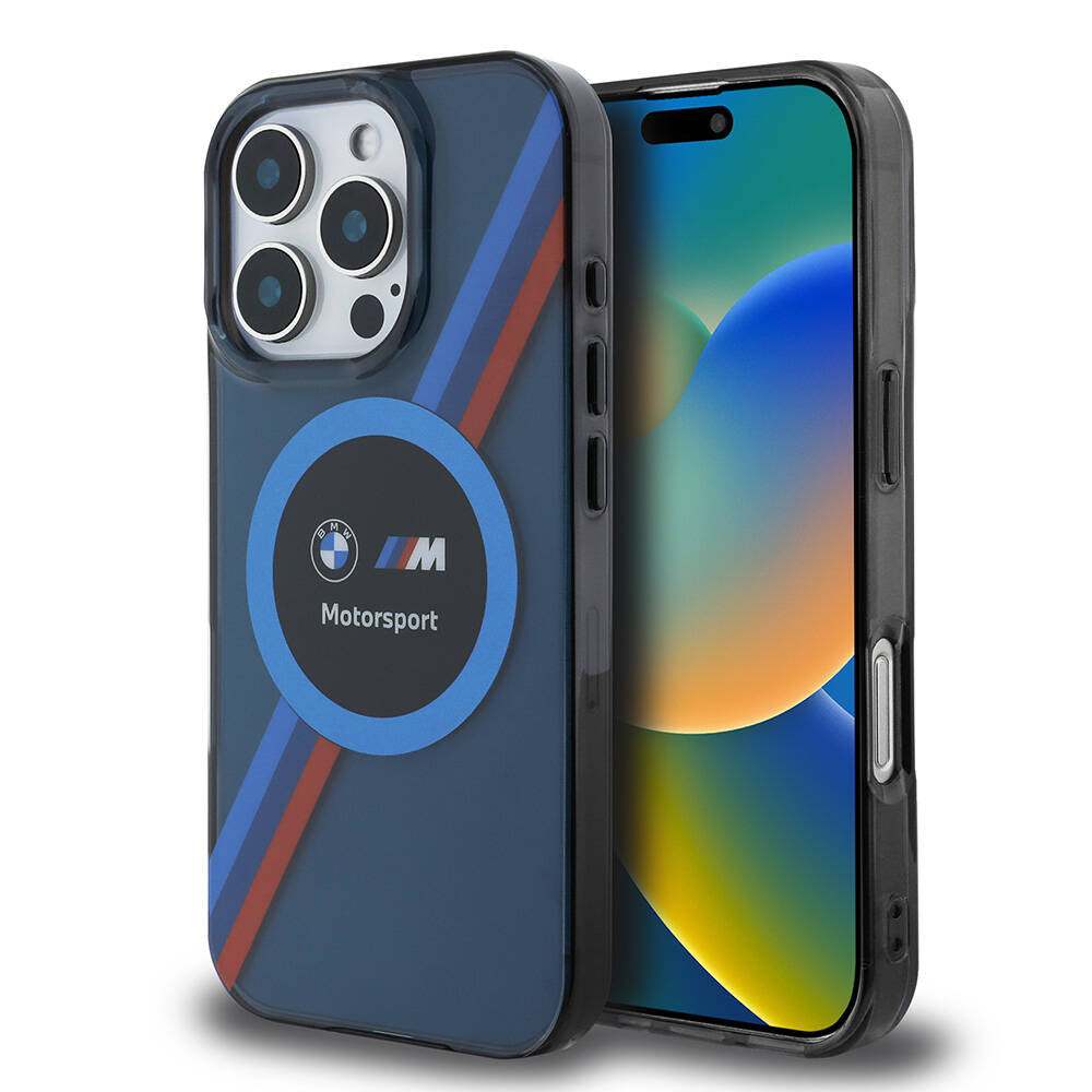 Apple iPhone 16 Pro Max Case BMW Original Licensed M-Safe Charging Feature M Logo Three Color Striped Motorsport Circle Cover Navy Blue