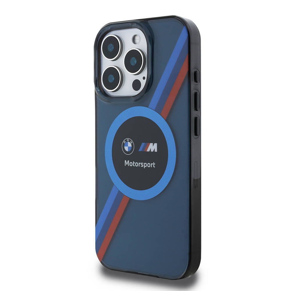 Apple iPhone 16 Pro Max Case BMW Original Licensed M-Safe Charging Feature M Logo Three Color Striped Motorsport Circle Cover Navy Blue