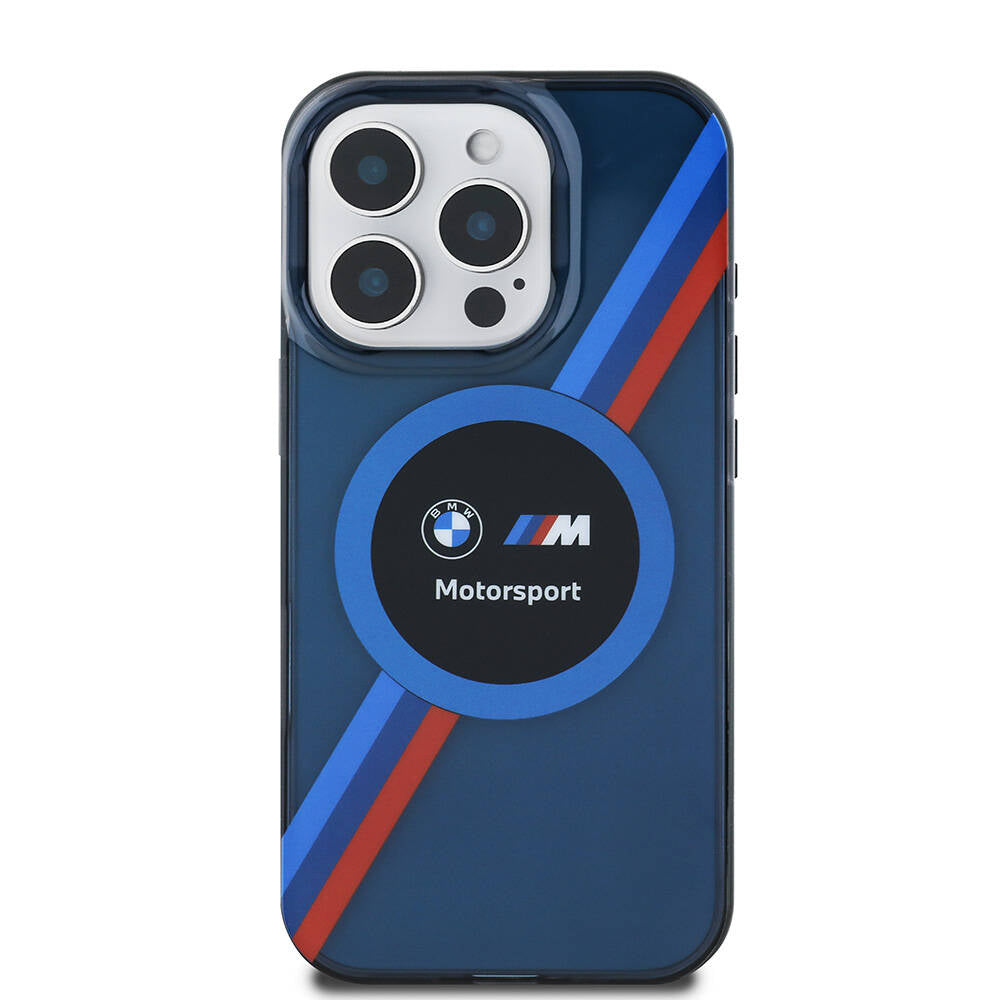 Apple iPhone 16 Pro Max Case BMW Original Licensed M-Safe Charging Feature M Logo Three Color Striped Motorsport Circle Cover Navy Blue