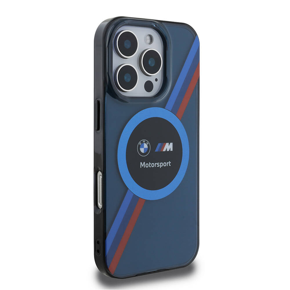 Apple iPhone 16 Pro Max Case BMW Original Licensed M-Safe Charging Feature M Logo Three Color Striped Motorsport Circle Cover Navy Blue