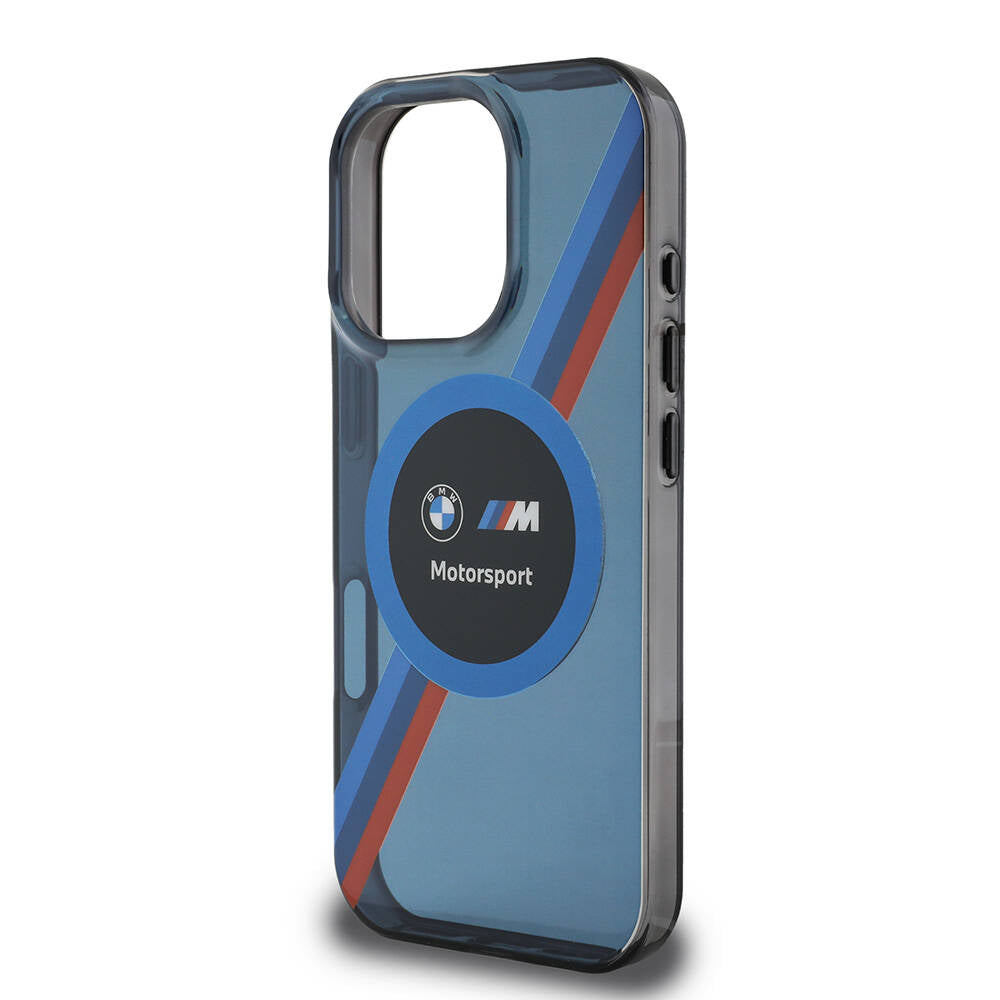 Apple iPhone 16 Pro Max Case BMW Original Licensed M-Safe Charging Feature M Logo Three Color Striped Motorsport Circle Cover Navy Blue