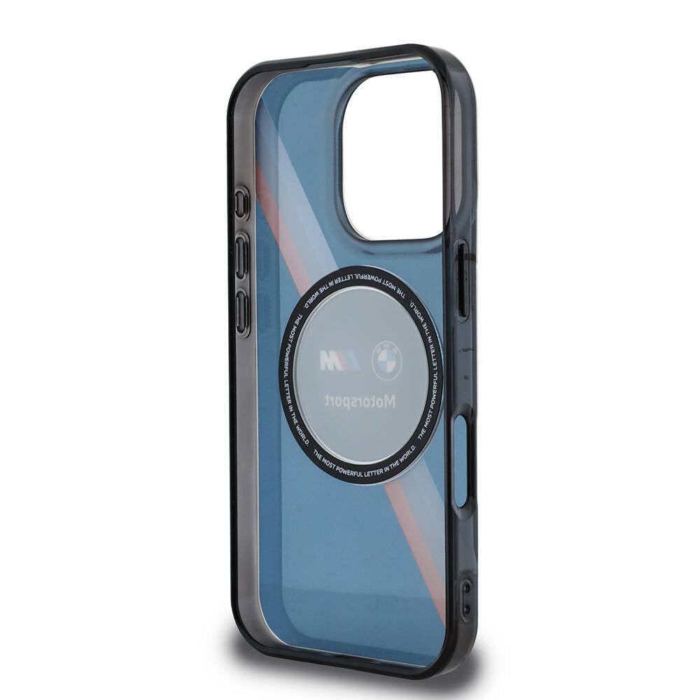 Apple iPhone 16 Pro Max Case BMW Original Licensed M-Safe Charging Feature M Logo Three Color Striped Motorsport Circle Cover Navy Blue