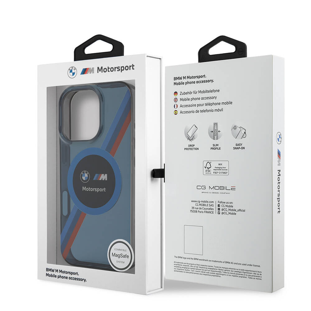 Apple iPhone 16 Pro Max Case BMW Original Licensed M-Safe Charging Feature M Logo Three Color Striped Motorsport Circle Cover Navy Blue