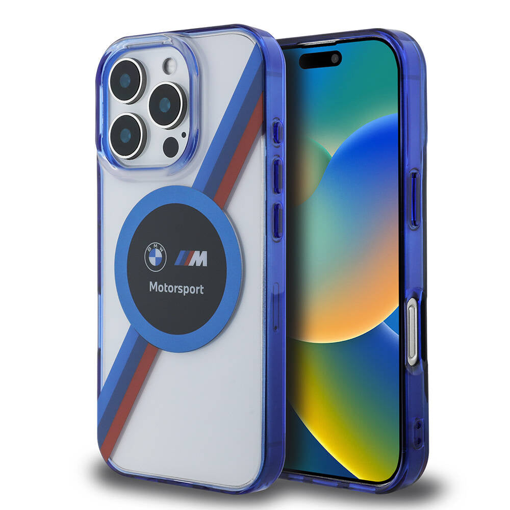 Apple iPhone 16 Pro Max Case BMW Original Licensed M-Safe Charging Feature M Logo Three Color Striped Motorsport Circle Cover Navy Blue