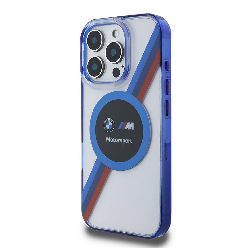 Apple iPhone 16 Pro Max Case BMW Original Licensed M-Safe Charging Feature M Logo Three Color Striped Motorsport Circle Cover Navy Blue