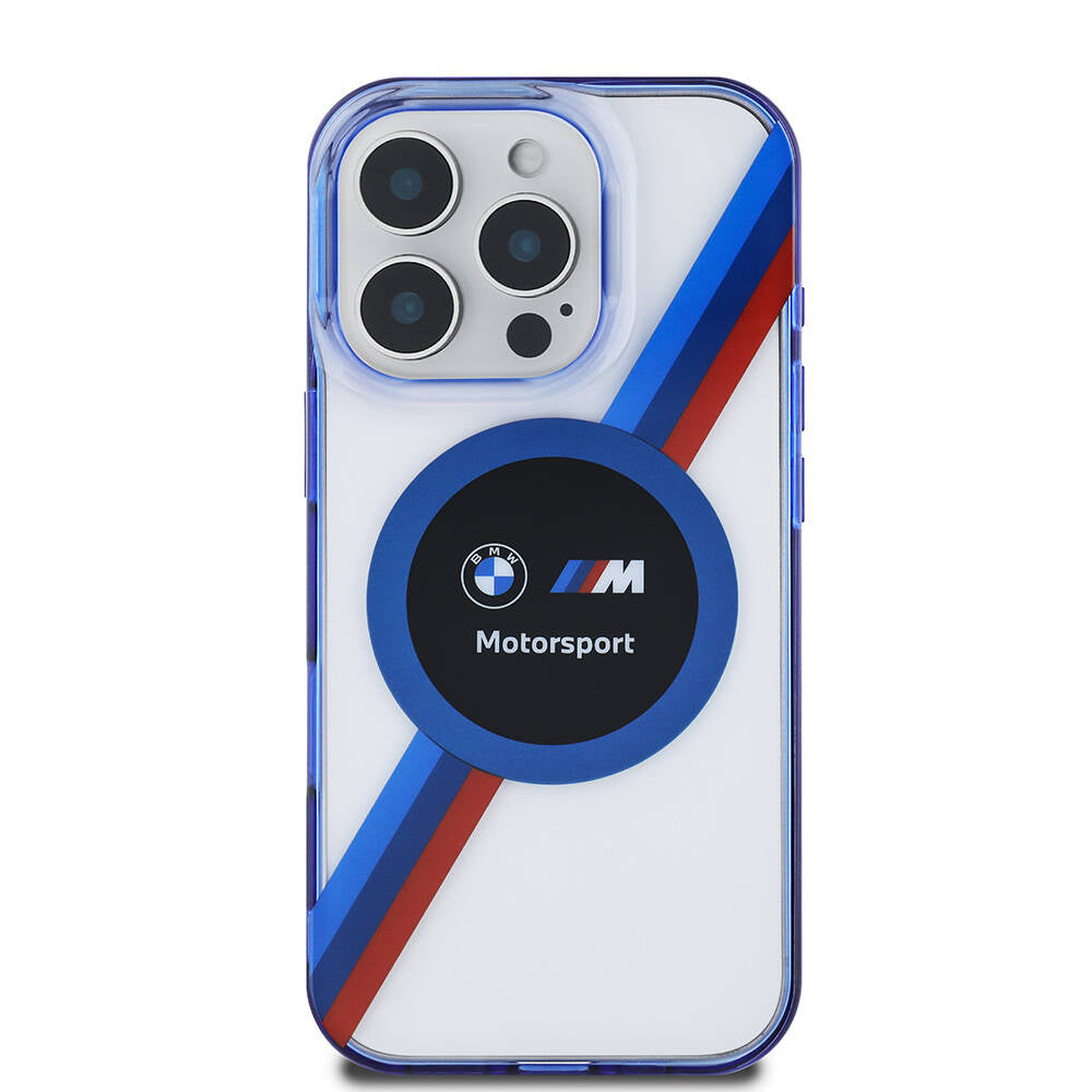 Apple iPhone 16 Pro Max Case BMW Original Licensed M-Safe Charging Feature M Logo Three Color Striped Motorsport Circle Cover Navy Blue