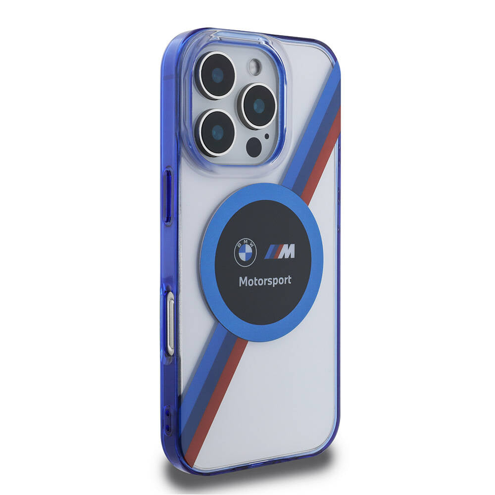 Apple iPhone 16 Pro Max Case BMW Original Licensed M-Safe Charging Feature M Logo Three Color Striped Motorsport Circle Cover Navy Blue