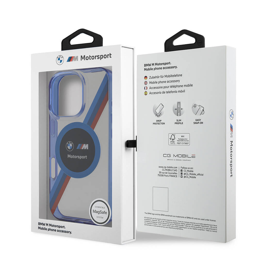 Apple iPhone 16 Pro Max Case BMW Original Licensed M-Safe Charging Feature M Logo Three Color Striped Motorsport Circle Cover Navy Blue