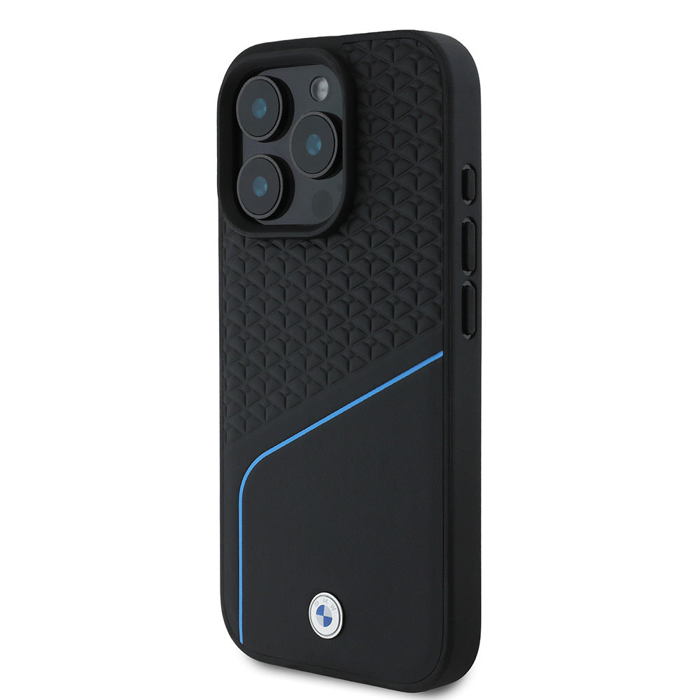 Apple iPhone 16 Pro Max Case BMW Original Licensed M-Safe Charging Feature Metal Logo Textured and Striped Leather Cover Black