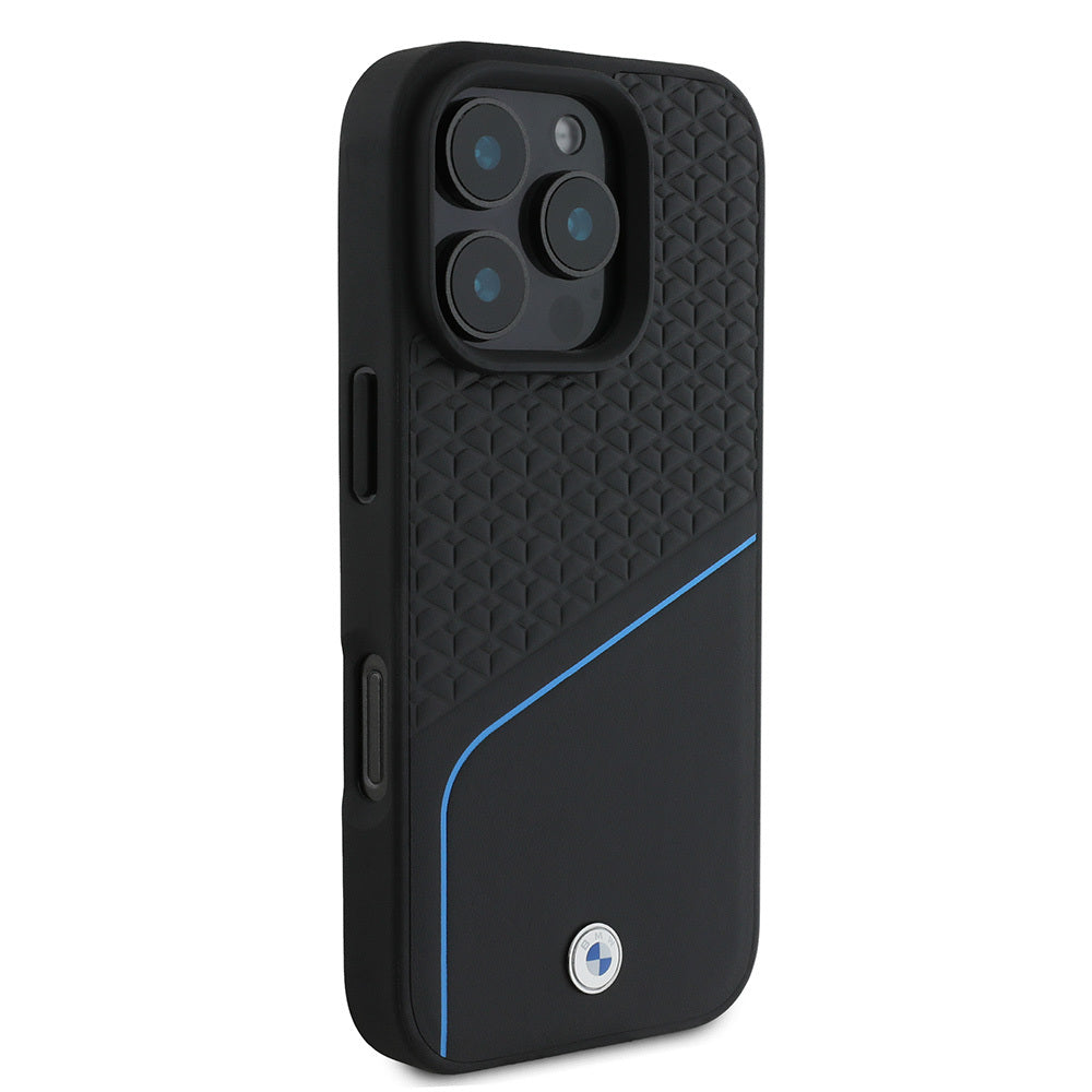 Apple iPhone 16 Pro Max Case BMW Original Licensed M-Safe Charging Feature Metal Logo Textured and Striped Leather Cover Black