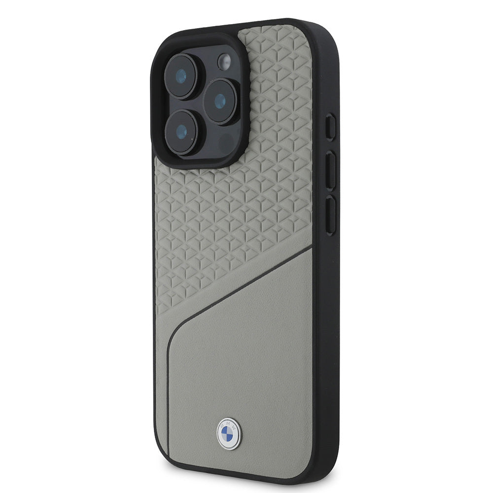 Apple iPhone 16 Pro Max Case BMW Original Licensed M-Safe Charging Feature Metal Logo Textured and Striped Leather Cover Black