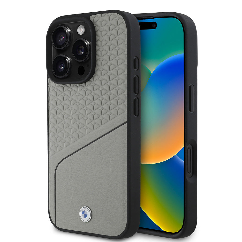 Apple iPhone 16 Pro Max Case BMW Original Licensed M-Safe Charging Feature Metal Logo Textured and Striped Leather Cover Black