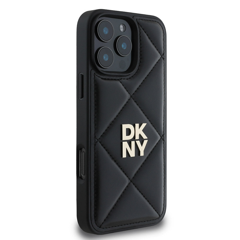 Apple iPhone 16 Pro Max Case DKNY Original Licensed Quilted Design Metal Logo Leather Cover Black
