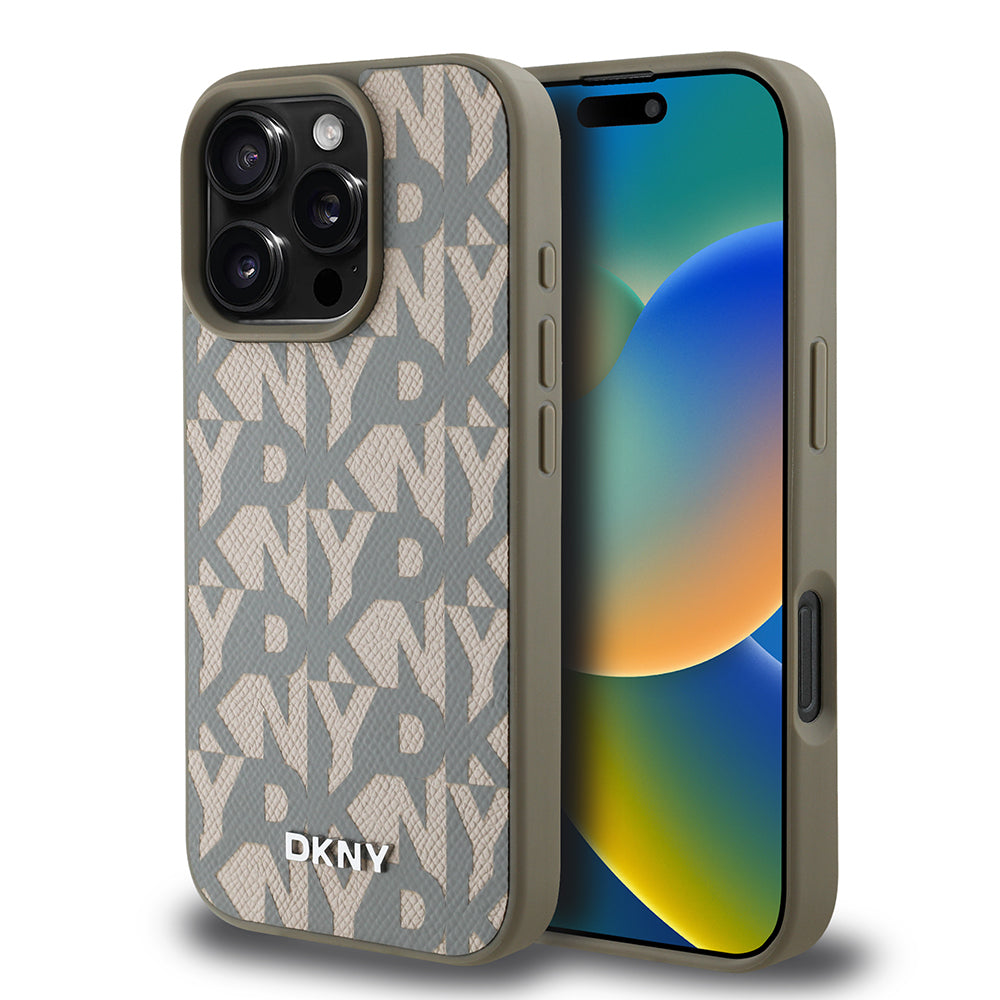 Apple iPhone 16 Pro Max Case DKNY Original Licensed M-safe Charging Feature 3D Printed Grid Pattern Cover Brown