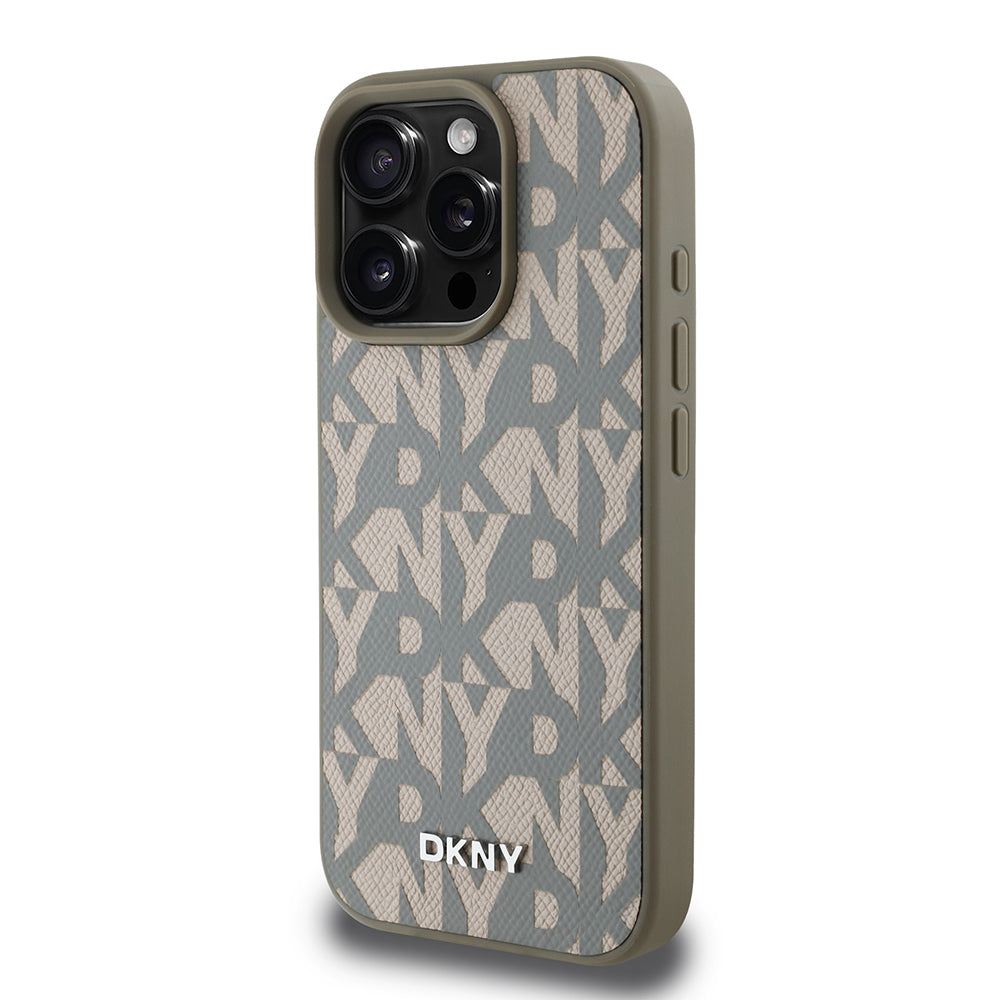 Apple iPhone 16 Pro Max Case DKNY Original Licensed M-safe Charging Feature 3D Printed Grid Pattern Cover Brown