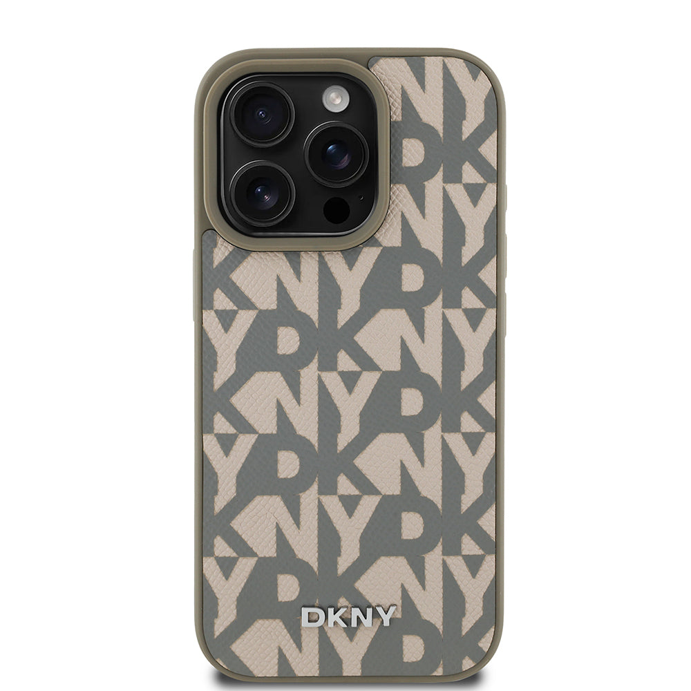 Apple iPhone 16 Pro Max Case DKNY Original Licensed M-safe Charging Feature 3D Printed Grid Pattern Cover Brown