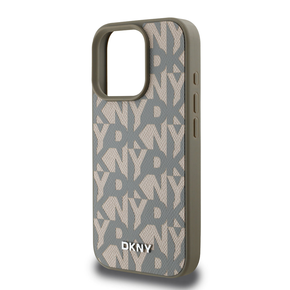 Apple iPhone 16 Pro Max Case DKNY Original Licensed M-safe Charging Feature 3D Printed Grid Pattern Cover Brown
