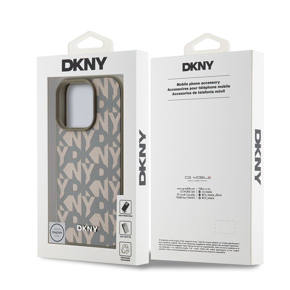 Apple iPhone 16 Pro Max Kılıf DKNY Orjinal Lisanslı M-safe Şarj Özellikli 3D Yazılı Grid Pattern Kapak Kahverengi