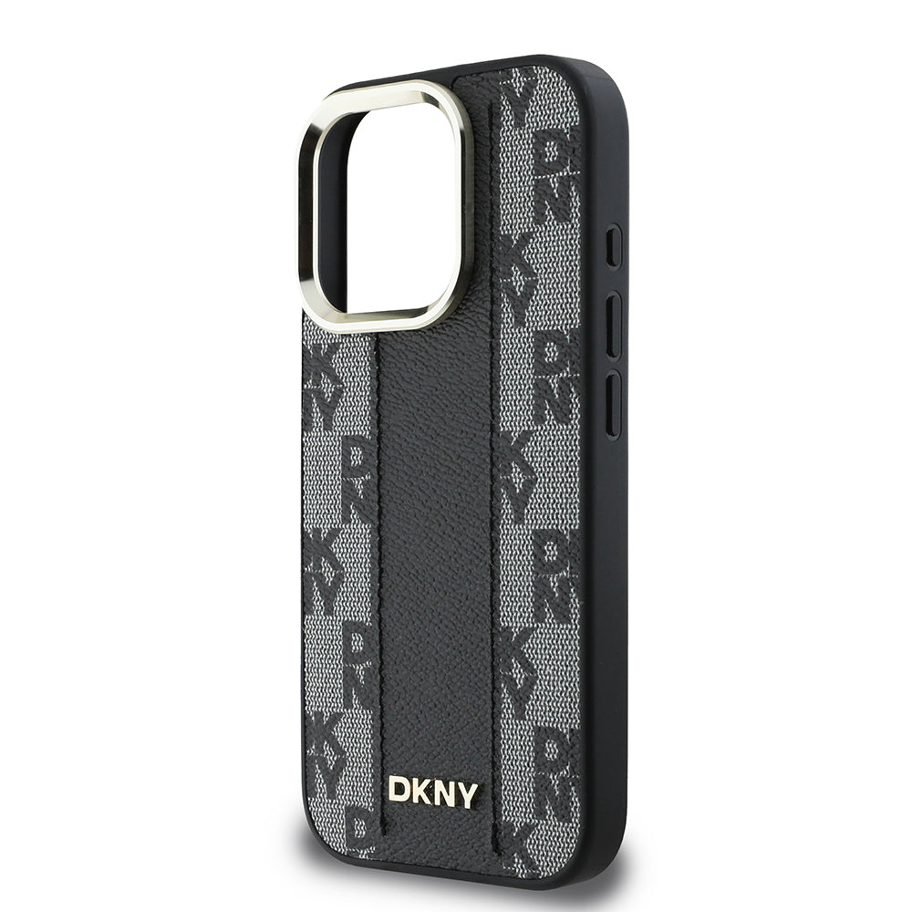 Apple iPhone 16 Pro Max Kılıf DKNY Orjinal Lisanslı M-safe Şarj Özellikli 3D Yazılı Checkered Pattern Kapak Siyah