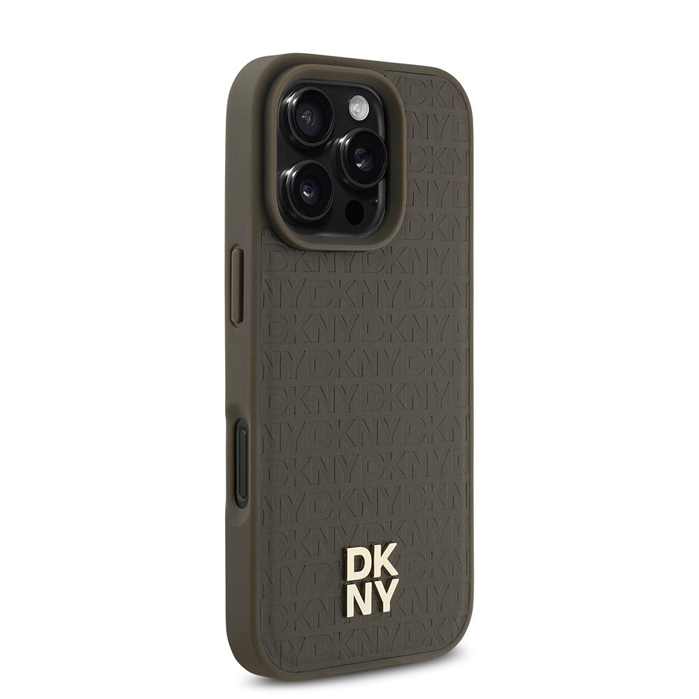 Apple iPhone 16 Pro Max Kılıf DKNY Orjinal Lisanslı M-safe Şarj Özellikli 3D Yazılı Repeat Pattern Kapak Kahverengi