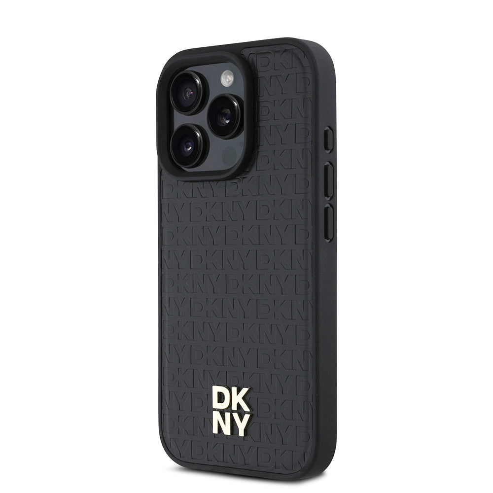 Apple iPhone 16 Pro Max Case DKNY Original Licensed M-safe Charging Feature 3D Printed Repeat Pattern Cover Black