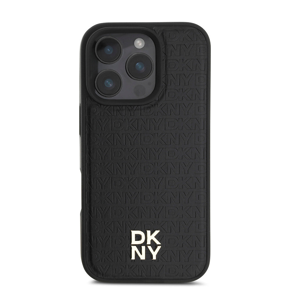 Apple iPhone 16 Pro Max Case DKNY Original Licensed M-safe Charging Feature 3D Printed Repeat Pattern Cover Black